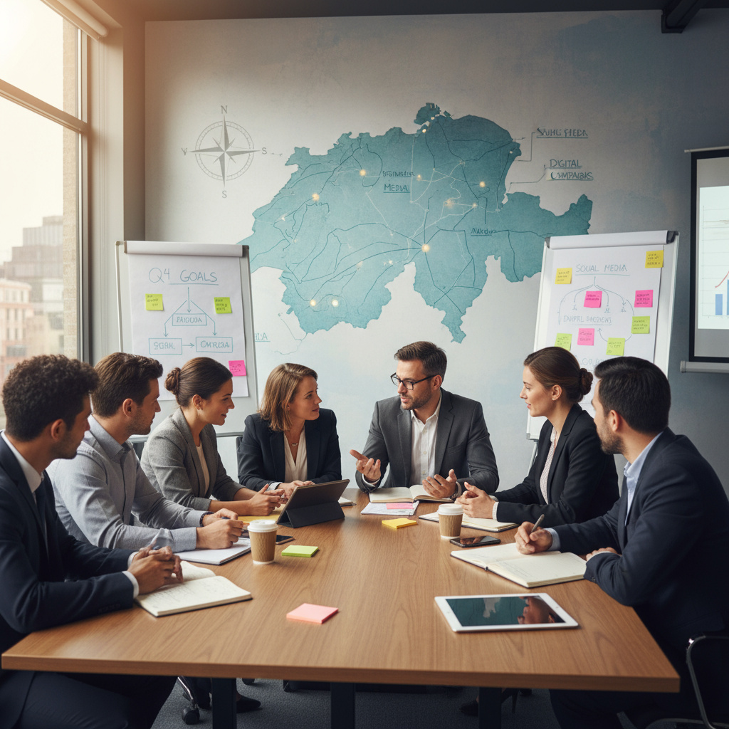 Team diskutiert Marketingstrategien mit Fokus auf Schweizer Markt